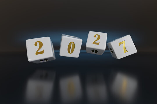 Dice rolling with the year 2027. 3d illustration.