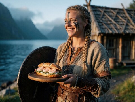 Smiling Viking shieldmaiden with face paint holds shrimp sandwich on wooden plate. Blonde woman in traditional norse costume stands by fjord near old wooden hut. Warrior enjoys tasty seafood snack in