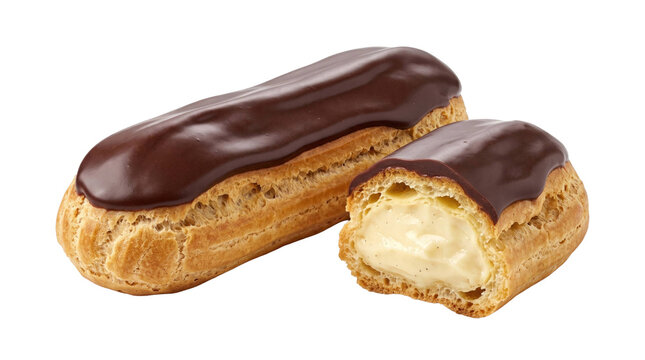 Chocolate eclair with vanilla cream filling on a transparent background