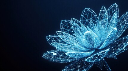 Fototapeta premium Futuristic glowing blue lotus flower with neon geometric patterns. Digital wireframe structure made of light connections, dots on dark background. Abstract cyber tech flower concept for sci-fi art,