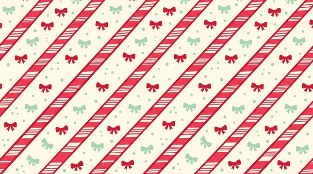 Sweet Christmas candy cane stripes and cute bows seamless pattern background