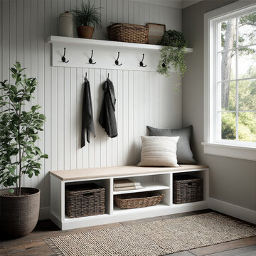 Modern entryway with white shiplap wall, wooden bench, woven baskets, hooks, indoor plant, and natural light create cozy organized space