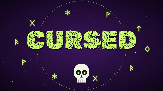 Cursed neon text with skull icon on purple background