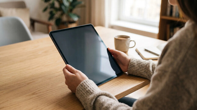 Person engaging with tablet on wooden table in bright, warm home office with coffee cup nearby