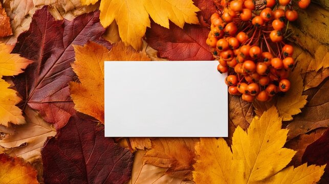 Blank white card mockup on colorful autumn leaves with ripe orange rowan berries background