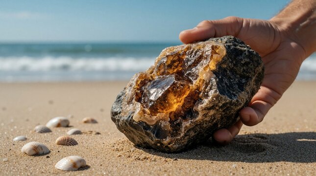Close up of person hand holding large raw ambergris chunk on sandy beach. Rare organic perfume ingredient found near ocean waves. Natural sea treasure sits on sand near seashells with blue water
