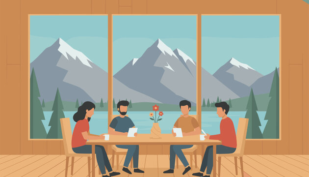 Team of coworkers seated at a wooden dining table inside a rustic cabin with large scenic windows.