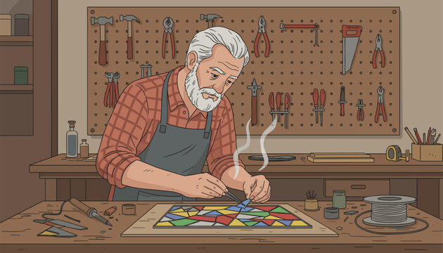 Elderly craftsman with white beard and apron soldering colorful stained glass panel at wooden workbench.