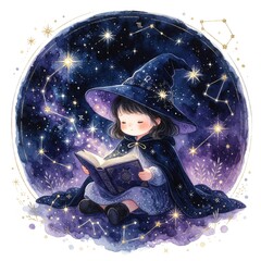 Fototapeta premium Little girl in wizard hat reads magic book under starry night sky. Young witch explores cosmos with glowing constellations, mystical starlight. Fantasy child dreams in space universe with cosmic