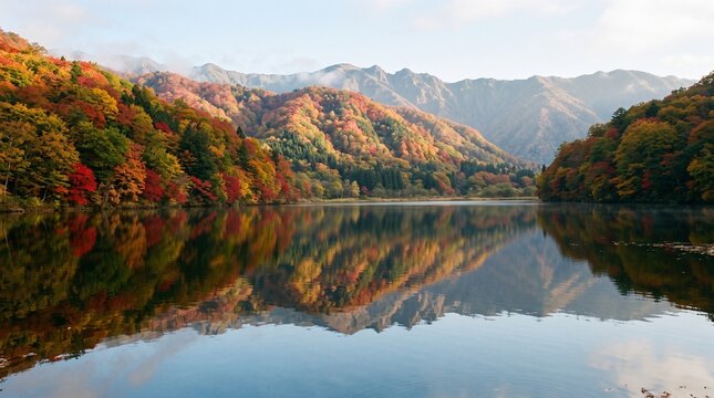 紅葉の山が映り込む静かな湖 秋の朝のリフレクション