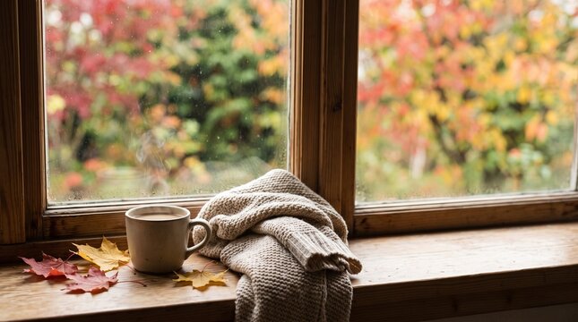 紅葉の庭が見える窓辺のホットコーヒーとニットブランケット