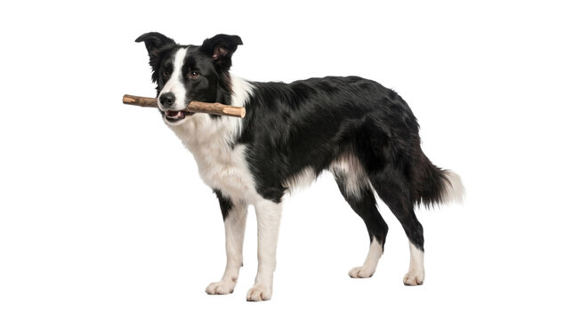 Border collie holding stick in mouth on a transparent background