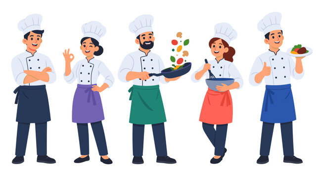Five cartoon chefs cooking and serving food in a row