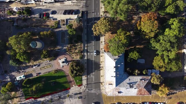 Top-down aerial shot of city streets in Sofia, capital of Bulgaria