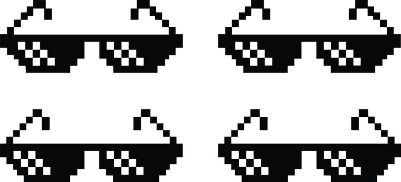 Retro pixel art sunglasses collection, 4 black 8-bit thug life glasses icons, pixelated deal with it eyewear vector eps for social media memes