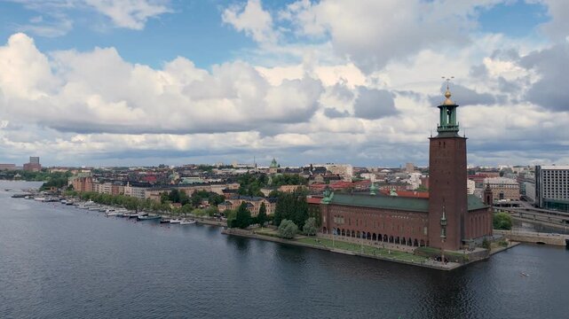 Aerial Drone View of Stockholm City Hall, Sweden