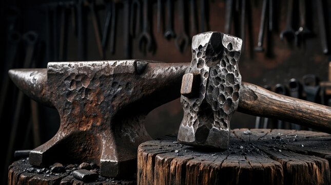 Close up of heavy iron anvil, metal hammer on wooden stump. Blacksmith tools lie in dark workshop. Old forged metal equipment for manual craftsmanship, traditional blacksmithing in industrial forge.