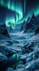 Fototapeta premium Magical aurora borealis glows over snowy mountain peaks. Green northern lights dance in dark night sky above frozen river, icy glacier landscape. Cold winter wonderland view with blue ice formations,