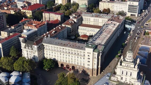 Aerial view of Largo Complex and Presidential Palace in Sofia city, Bulgaria