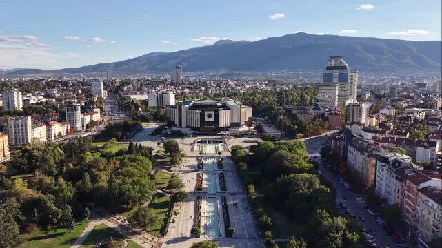 Aerial view of National Palace of Culture (NDK) in Sofia city, Bulgaria