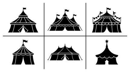Circus tent silhouettes set with flags and stars for carnival or event logo © Grace