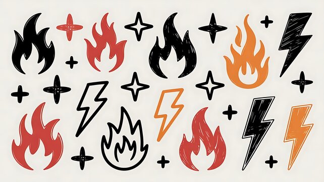 A collection of hand-drawn cartoon fire flames, lightning bolts, starbursts, and decorative spark symbols in vibrant red, orange, yellow, and black, isolated on a clean white background.