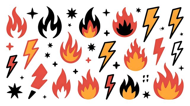 A collection of hand-drawn cartoon fire flames, lightning bolts, starbursts, and decorative spark symbols in vibrant red, orange, yellow, and black, isolated on a clean white background.