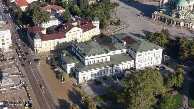 Aerial view of Old National Assembly building in Sofia city, Bulgaria