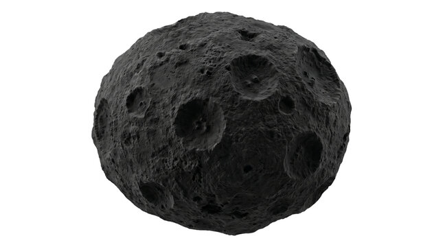 Cratered Asteroid Meteorite 3D Render Isolated Dark Moon Planetoid Celestial Rock on Transparent Background