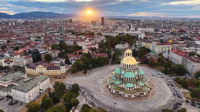 Sunset aerial view of St Alexander Nevsky Cathedral in Sofia city, Bulgaria