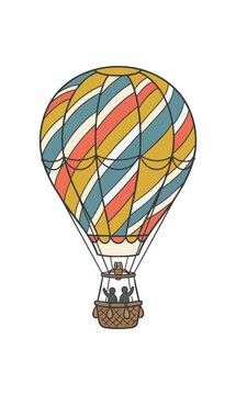 Vintage Hot Air Balloon with Colorful Stripes and Passengers.
