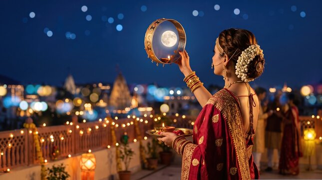 Karwa Chauth Celebration Woman Looking at Moon Through Sieve in Traditional Indian Attire on Rooftop at Night