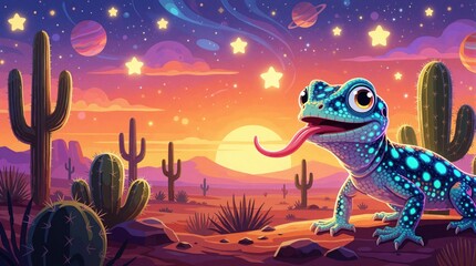 Fototapeta premium Cute cartoon lizard with blue skin, spots sticks long tongue out in desert. Whimsical reptile crawls near green cactus under starry night sky. Colorful fantasy landscape shows sunset, planets, bright