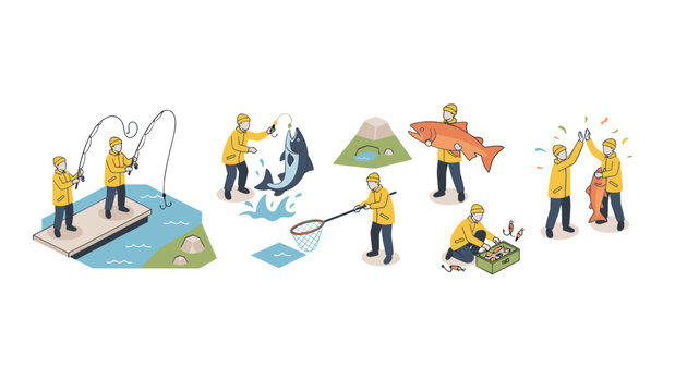 Several people engage in recreational fishing activities catching large fish and celebrating their success in a colorful isometric style.