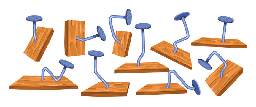 Set of cartoon bent nails stuck in wood boards and blocks. Construction problem or frustration, wrong way or difficulty with DIY home repair task. Vector everyday utility for commercial projects