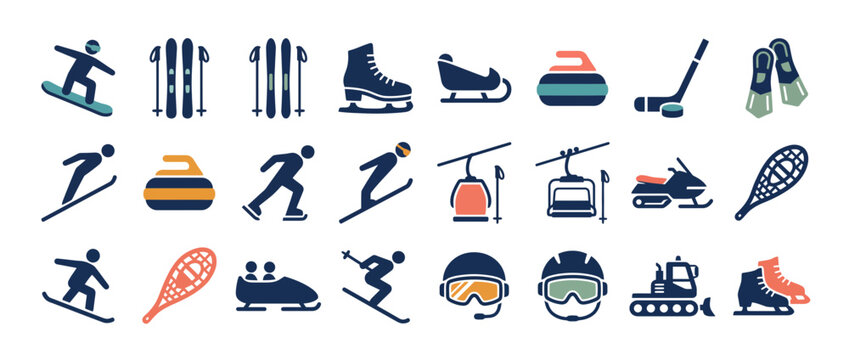 Winter sports icons isolated on transparent background. Snow activities and equipment symbols. Skiing, snowboarding, ice hockey, sledding, curling, skiing poles, skis, boots, helmet, goggles,.