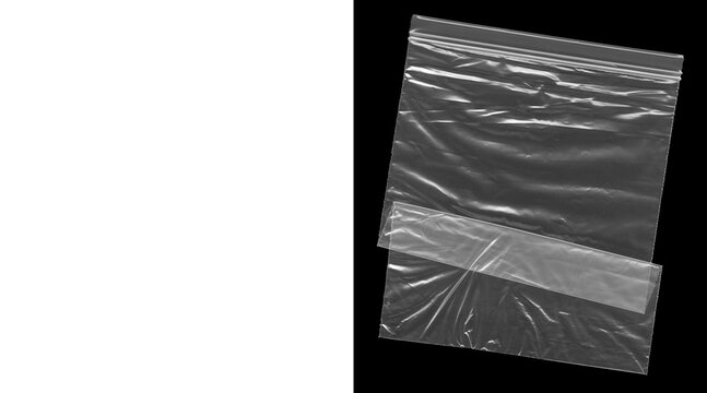 Clear plastic zip bag with realistic crinkled texture, transparent poly packaging mockup, resealable storage pouch for product presentation