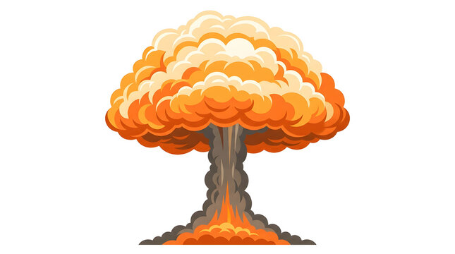 Stylized mushroom cloud explosion vector illustration isolated on a white background with vibrant orange, yellow, and brown tones depicting a nuclear blast or powerful fireball.