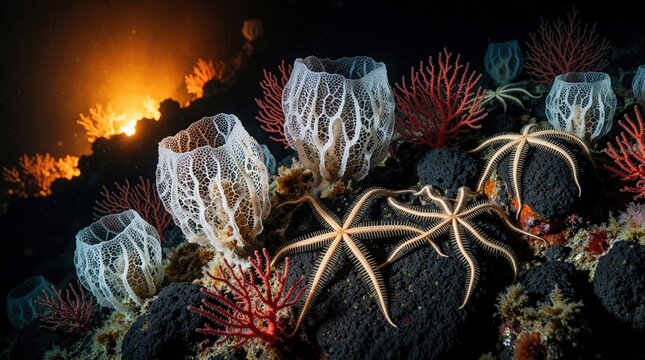 Deep sea ecosystem shows white sponge corals, brittle stars on dark volcanic rocks. Colorful red sea fans grow near intricate glass sponges in abyssal ocean zone. Marine life thrives in dark