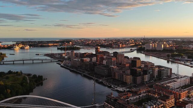 Sunset aerial view of Sompasaari coastline in Helsinki city, Finland