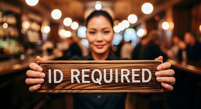 A woman holding a wooden sign that says ID REQUIRED in a bar setting, symbolizing age verification and entrance policies.