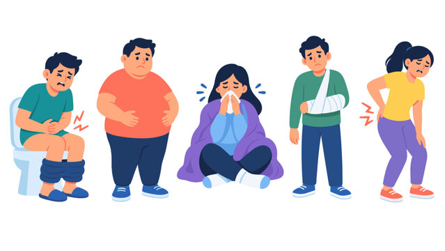Row of people showing pain and illness symptoms
