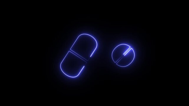 A glowing blue neon icon of a medicine capsule and a round tablet on a dark background. This is a stock vector and digital icon commonly used for pharmacy, medical, and healthcare designs.