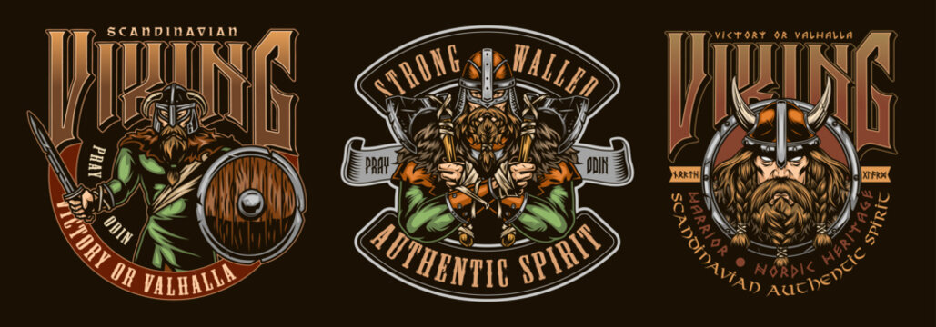 Three Viking-themed logos with warrior imagery
