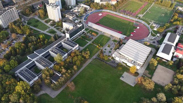 Drone shot of AWF university campus in Krakow city, Poland