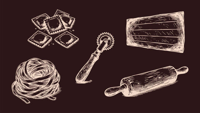 handmade fresh pasta and rolling tools hand drawn artboard set of 5 culinary vector collection, vintage engraved style noodle and ravioli illustrations for Italian food design