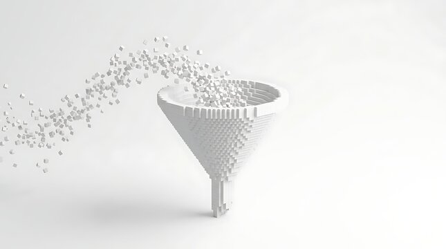 Data filtering and processing concept with funnel and flowing information particles data analytics data management