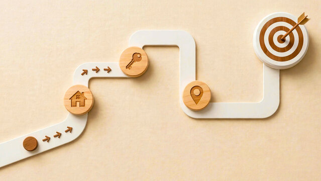 Wooden tokens with house key and location icons on curved path leading to target bullseye close up of business roadmap process or real estate goal achievement concept on beige background
