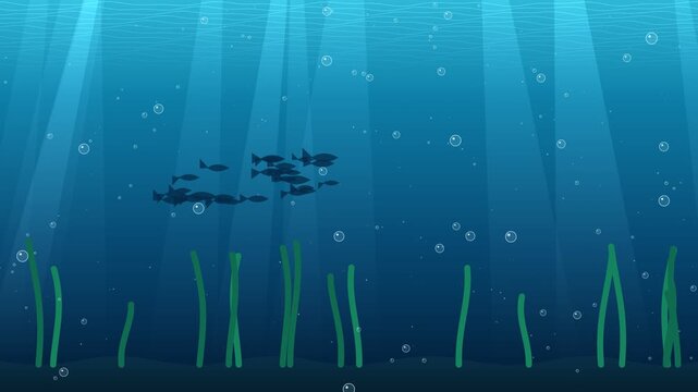 A beautiful 2D vector animation of an underwater ocean scene featuring sunbeams, rising bubbles, green seaweed, and a school of small fish swimming in deep blue water.