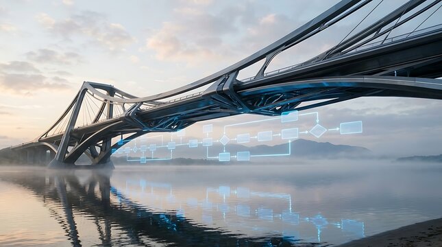 Modern suspension bridge over water with glowing digital interface overlay representing smart infrastructure
